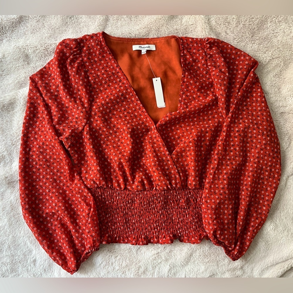 NWT Madewell Julianne Smocked-Waist Top Red Size S - Picture 2 of 10